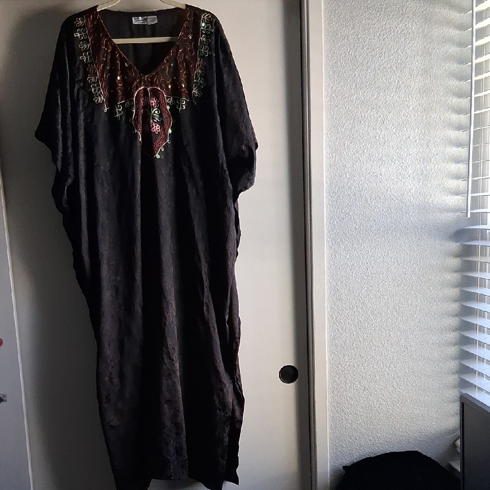 Vintage Sante Satin Embroidered Kaftan Gown Maxi Length Black O/S